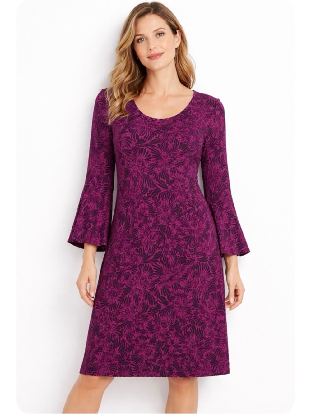 GUDRUN SJODEN |‎ Slight Bell Sleeve Lotus Floral Print Scoop Neck Dress Small